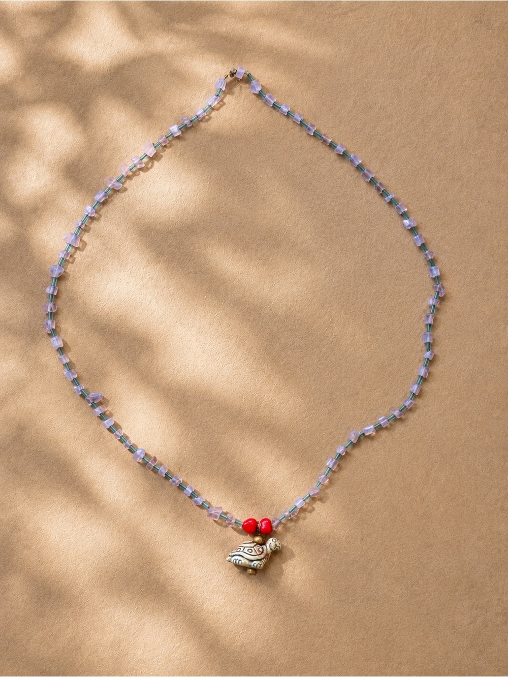 Unique Turtle Pendant Beaded Necklace – Lavender Green & Red Boho Jewelry